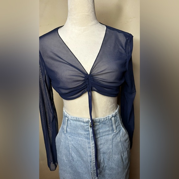 Mesh Sheer long Sleeve Crop Top with ties underbust v neck fishnet ruched noir - Picture 3 of 8